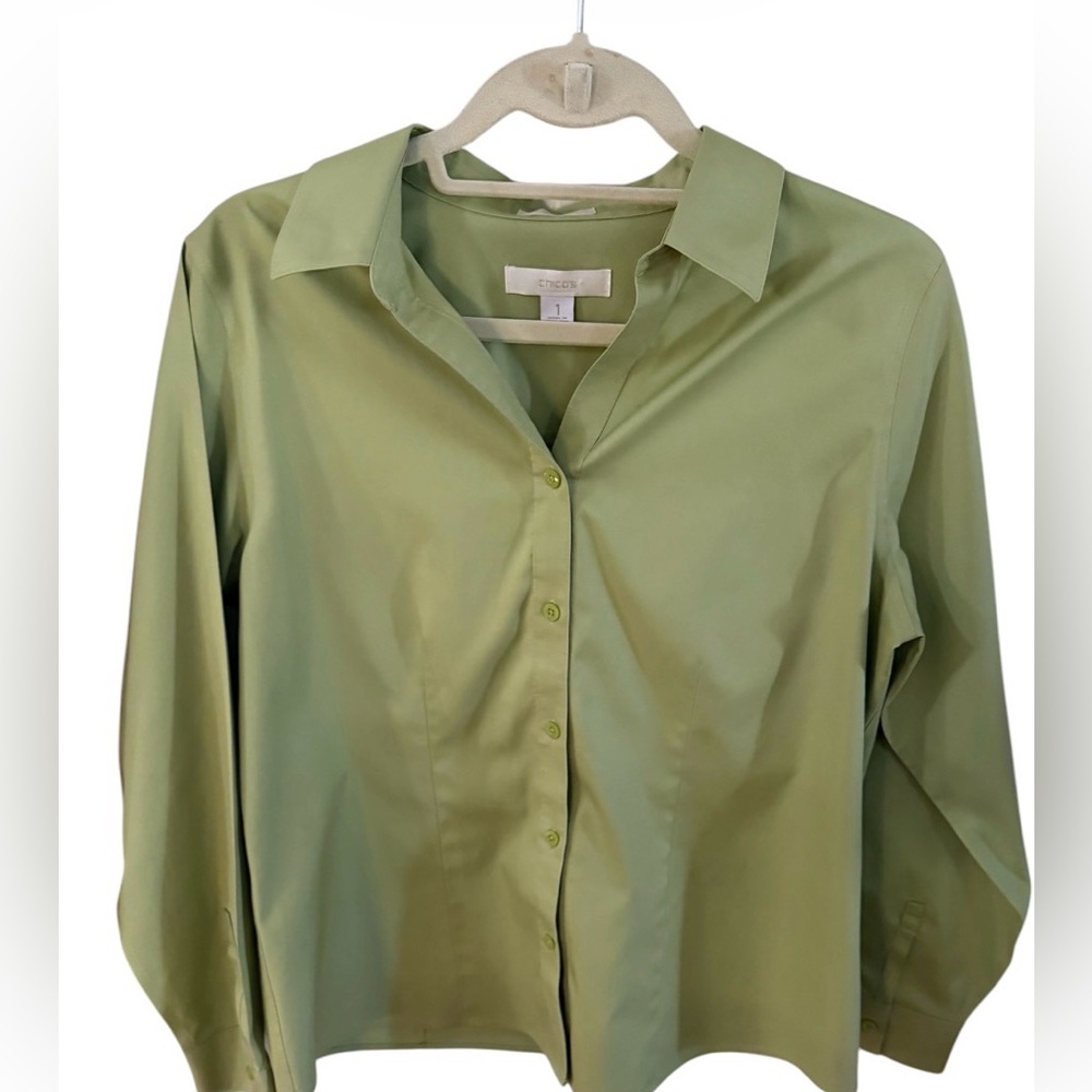 Chico's Sage / Olive Green Button-Front Long Sleeve Shirt size 1-medium 8